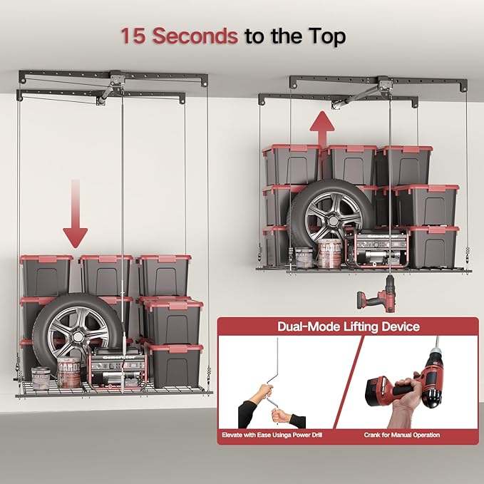 Overhead Garage Storage Rack for 10–12 FT Ceiling, Heavy-duty 4x4 FT Ceiling Storage Racks with Safety Lock, Ideal for Garage Storage Mounted Lift System and Storage Organizer, 250lbs Capacity