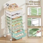 Rolling Cart with 8 Drawers, Plastic Drawer Storage Carts with Wheels & Wooden Tabletop, Metal Utility Cart Organizer for Bedroom Living Room Office Classroom Craft Organization and Storage, Green