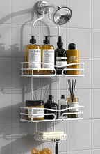 Over Head Shower Caddy - Bathroom Shower Organizer with Soap Holder & 6 Hooks for Towels, White, 76L Capacity, Hanging Mount, Rust Resistant
