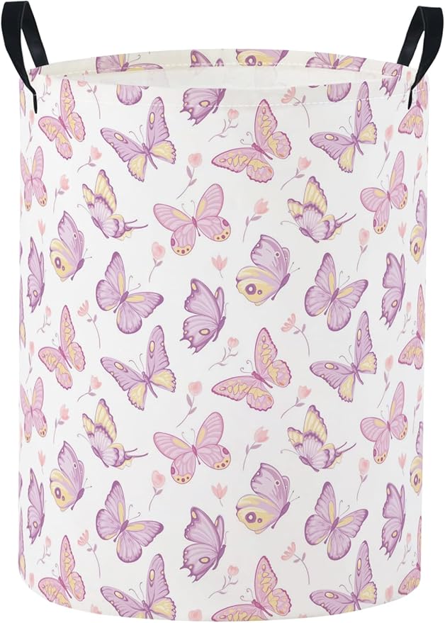 Baby Laundry Basket Baby Nursery Hamper Kids Laundry Basket Toy Storage Bin for Boys Room Decor Gift Baskets for Bedroom Bathroom(Purple Butterfly)