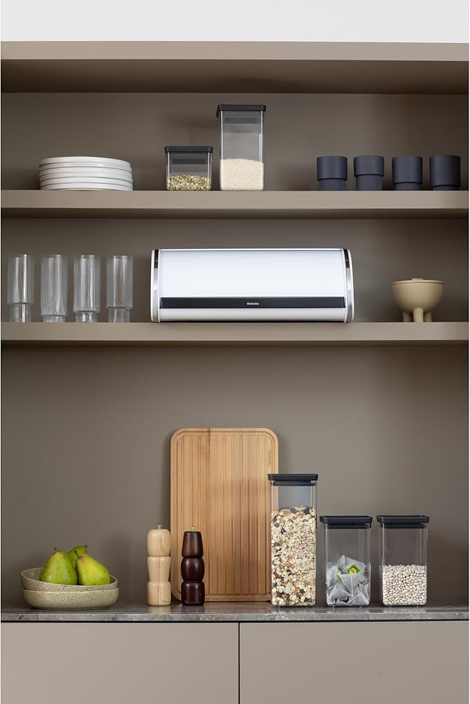 Brabantia Roll Top Bread Box | Large | White | Metal Front Opening Bread Store for Kitchen Countertop | Partly Flat Top for Extra Storage, Magnet Closing Lid | Fits 2 Loaves