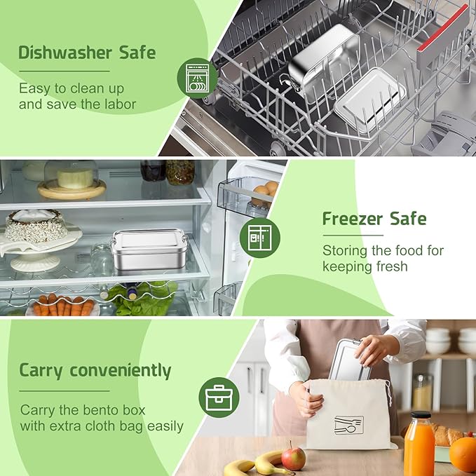 TeamFar Stainless Steel Bento Box, 28oz/850ML Small Metal Bento Lunch Box Container for Adults/Kids, for Home/School/Office/Travel, With 2 Removable Dividers, Leak-Proof & Dishwasher Safe