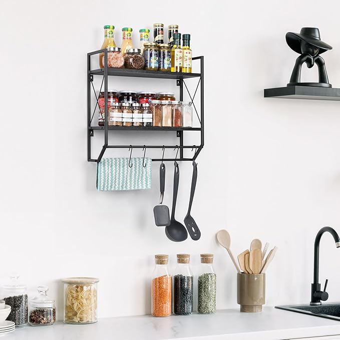 Bath Towel Shelf 2 Tier Towel Rack Wall Mount Towel Holder with Shelf Bathroom Shelves with Towel Bar and Hooks Industrial Wall Shelf Over Toilet for Towel Tissue Storage Organizer, Modern Black
