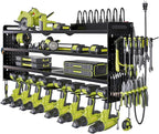 Power Tool Organizer Wall Mount with Charging Station,Cordless Tool Organizer 8 Drill Holder, 4 Layer Storage Rack for Garage Organization,Tool Holder with 8 Outlet Power Strip (Black)
