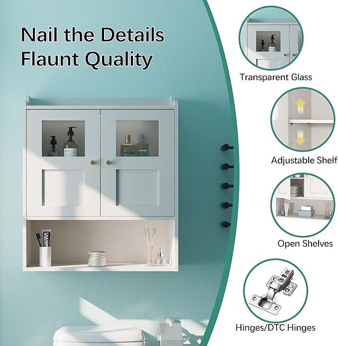 Bathroom Wall Cabinet, Medicine Cabinet with 2 Glass Door and Adjustable Shelves,White Wall Mounted Cabinet Over The Toile,3-Tier Wood Hanging Storage for Bathroom,Kitchen,Living,Laundry Room