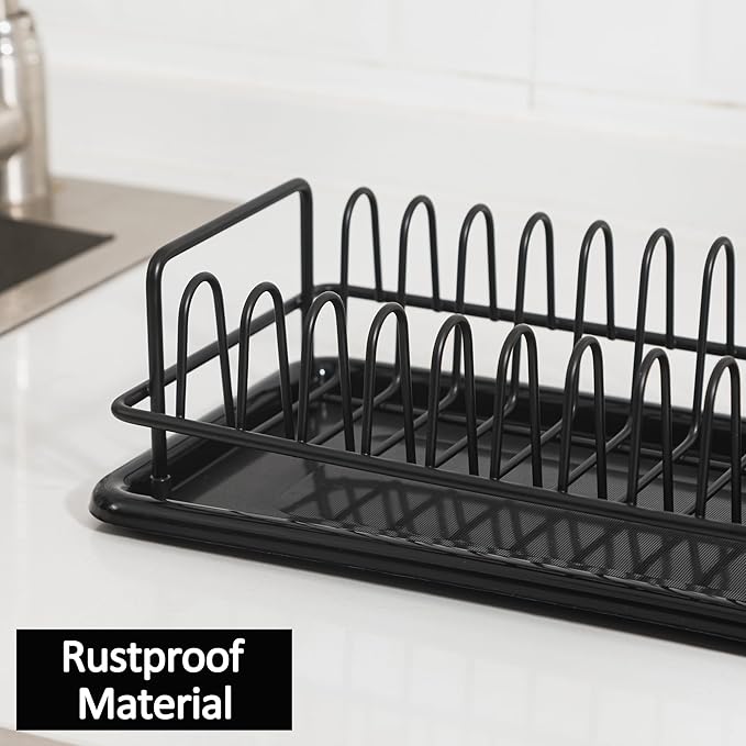 Dish Drying Rack Small, Space Saving Dish Rack for Kitchen Counter, Up to 12 Plates, Rustproof Dish Drainer with Removable Utensil Holder, 16" L x 6.7" W, Black