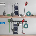 Sinoer Tool Organizer Wall Mount, 96 Inch Garage Storage Wall Organizer, Garden Tool Storage Rack with 18 Hooks+ 4 S-hooks & 2 straps - suitable for ski equipment, shovels, rakes，chairs