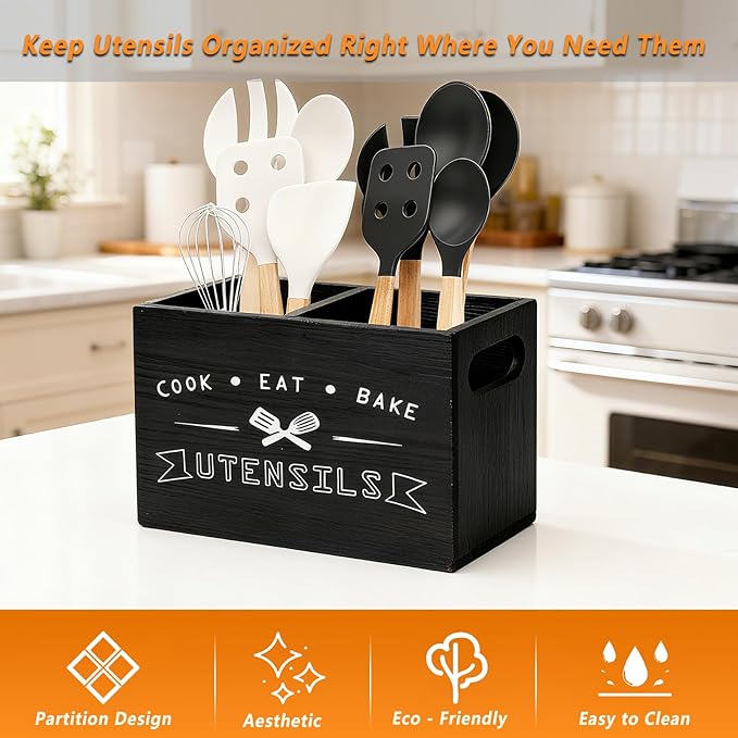 Small and Durable Wood Kitchen Utensil Holder with Removable Divider for Party and Countertop （black 2 Compartment）