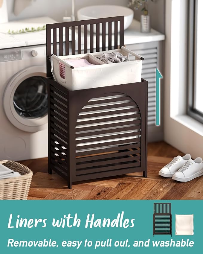 Laundry Hamper, 27.3 Gallon (103L) Bamboo Wood Clothes Laundry Basket with Lid and Handles, Removable Liner