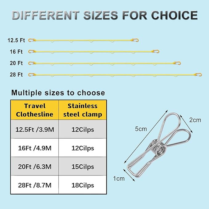 Portable Travel Clothesline, Windproof Clothes Laundry Line with Clothespins & Hang Holes, Indoor & Outdoor Clothes Drying Rope for Hotel, Backyard,Cruise Ships, Camping (Yellow, 12.5 Ft)