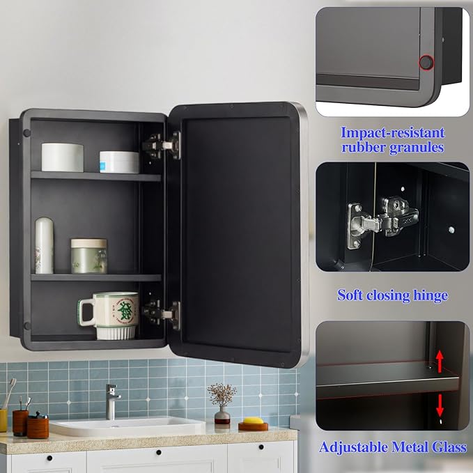 16" x 20" Bathroom Medicine Cabinet with Mirror Door, Brushed Nickel Stainless Steel Frame, Recessed or Surface Mounted,Storage Cabinet with Adjustable Metal Shelves,Upgraded Version