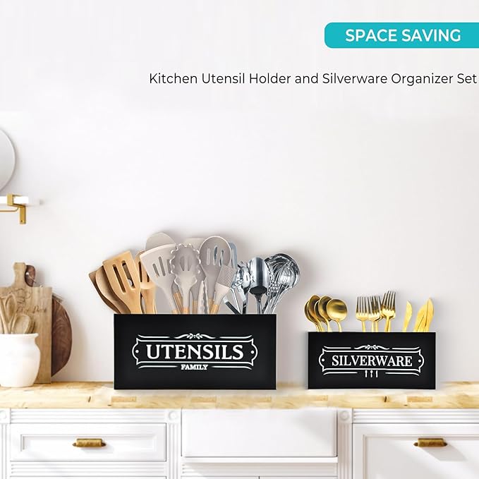 Kitchen Utensil Holder Set - Extra Large Wooden Countertop Organizer for Cooking Utensils, Cutlery and Flatware, Farmhouse Kitchen Decor, Silverware Caddy for party (Black, Large)