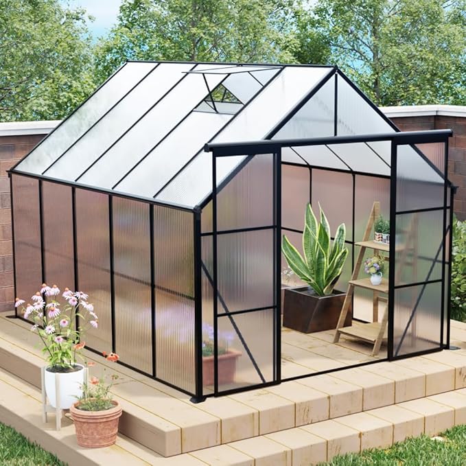 Heavy-Duty Walk-in Polycarbonate Greenhouse with Dual Sliding Doors, Adjustable Roof Ventilation, and Galvanized Steel Base for Year-Round Outdoor Gardening (Black 8*10FT)