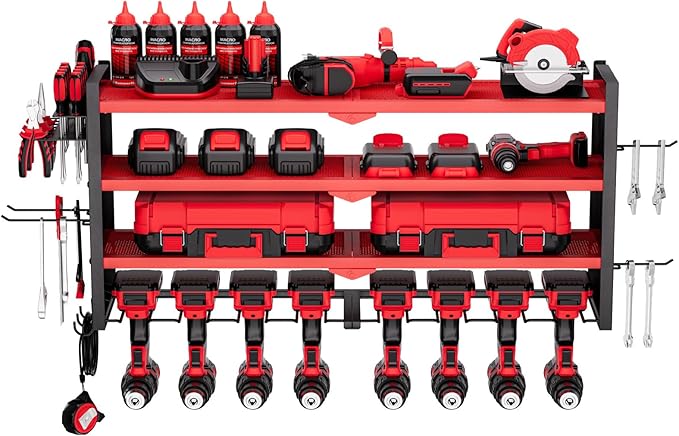 VEVOR Power Tool Organizer Wall Mount, 4-Layer Storage Rack with 8 Drill Holders, Tools Holder and Storage Rack with Side Pegboards, Garage Tool Organizer for Garage, Workbench, and Workshop
