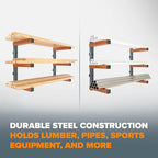 BORA 3-Level Wood Storage Rack, Wall-Mounted Hanging Shelf for Lumber, Garage Wall Storage, Space Saver for Workshop, Heavy Duty 300 lb Capacity, Metal Wood Rack System - PBR-0310, Orange/Black