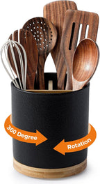 LoeJan 3 Compartment Utensil Holder, Extra Large Utensil Crock, Stable Ceramic Utensil Organizer, Cooking Tool Organizer Set for Kitchen Counter Farmhouse Decor,Textured Black