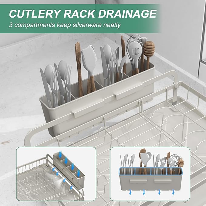 Dish Drying Rack,Dish Racks for Kitchen Counter,Metal Dish Drainer with Adjustable Drainage Spout,Removable Knife and Fork Holder (Grey)