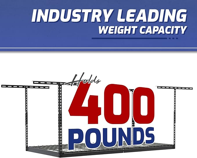 SafeRacks 2x8 Overhead Garage Storage Rack - 400 Pound Weight Capacity Height Adjustable Steel Ceiling-Mounted Rack with Accessories (Hammertone) (24"-45")