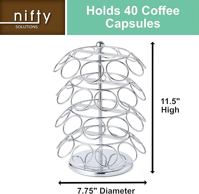 Nifty K Cup Holder – Compatible with K-Cups, Coffee Pod Carousel | 40 K Cup Holder, Spins 360-Degrees, Lazy Susan Platform, Modern Chrome Design, Home or Office Kitchen Counter Organizer