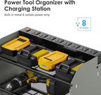 CCCEI Modular Power Tool Organizer Wall Mount Charging Station, Grey 6 Drills Holder with 8 Plug Power Strip 6FT, Garage Drill Battery Heavy Duty Metal Shelf, Utility Rack with Hooks, Side Storage.