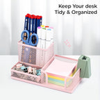 M&G Mesh Pen Holder Desk Organizers Pencil Holder for Desk Pink, 3 Compartments Metal Office Supply Organizer with Sticky Notes Holder for Home Office