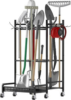Garden Tool Organizer with Wheels, Heavy-Duty Steel Garage Tool Storage Rack, 360° Rotating Yard Tool Stand for Long-Handled Tools, Lawn Tool Holder for Shovels Rakes Mops Brooms