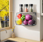 Fruit Basket for Kitchen Counter, Fruit Bowl Stackable Wall Mounted Hanging Fruit Basket Wire Basket with Wood Lid with Banana Hanger Hooks, Onion,Potato,Fruit and Vegetable Storage