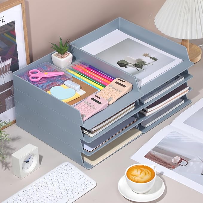 Wenqik 8 Pcs Stackable Paper Trays Rectangular Plastic Desk Holder Desktop Document File Organizer Storage Letter for Office Classroom (Gray)