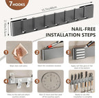 Kitchen Utensil Hanger: Wall Mount Holder Hanging Rack,7 Hooks Utensil Racks,No Drilling for Kitchen,Pantry,Bathroom,Livingroom 15.75 Inch (Dark Gray)