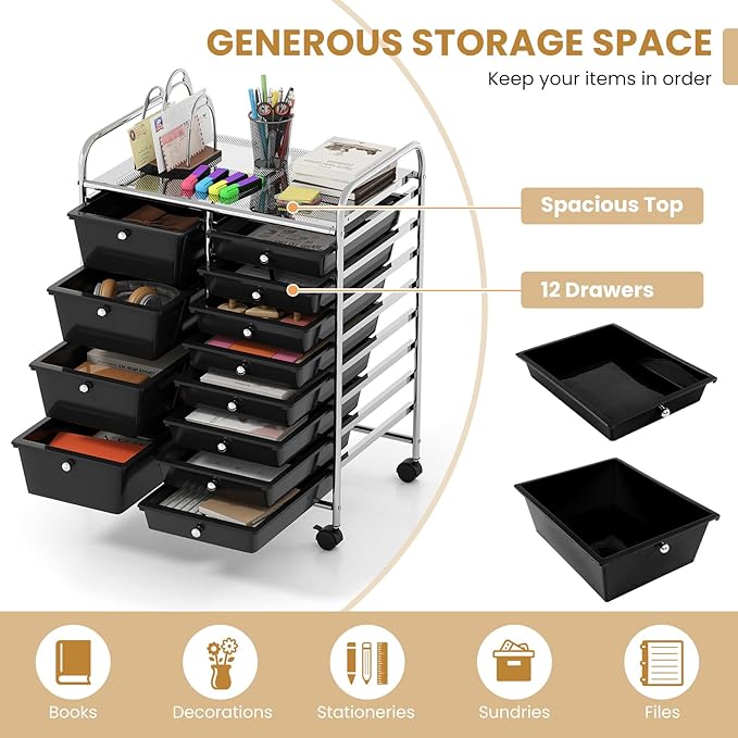 GOFLAME 12-Drawer Rolling Storage Cart, Craft Storage Cart with Removable Drawers & Lockable Wheels, Art Cart Supply Storage Organizer with Metal Frame for Home Office Classroom, Black