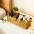 Seagrass Storage Basket with Lid, 3-Section Wicker Storage Baskets, Toilet Tank Toilet Paper Basket Holder, Handwoven Wicker Baskets, for Shelves Bathroom Closet Kitchen Organizing, 12.6x4.8x4.3 in
