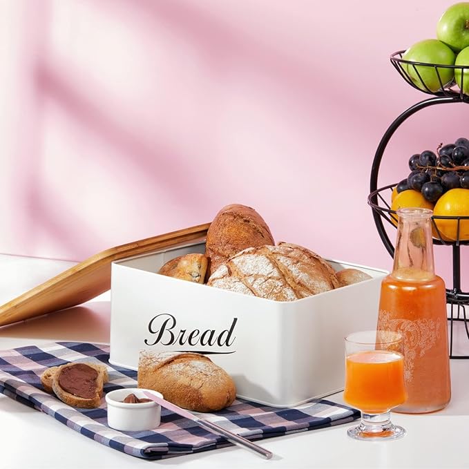 RoyalHouse Modern Metal Bread Box with Bamboo Cutting Board Lid, (Pack of 2) Total 2 Bread Box, Bread Storage Container for Kitchen Counter, Vintage Kitchen Decor Organizer