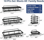 10 Pack Shower Caddy Organizer Rack Shelf for Inside Shower, Self Adhesive Wall Storage Basket Rustproof Stainless Steel Shampoo Holder Bathroom Accessory Decor Set, Black
