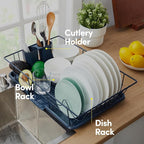 Sweet Home Collection Space-Saving 3-Piece Dish Drainer Rack Set: Efficient Kitchen Organizer for Quick Drying and Storage - Includes Cutlery Holder and Drainboard - Maximize Countertop Space, Navy