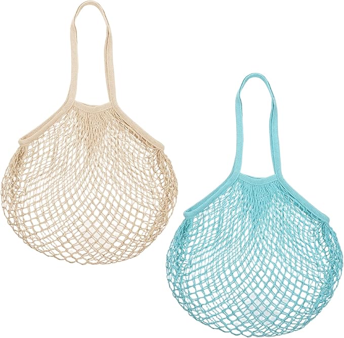 2 PCS Cotton Mesh Grocery Bags, Reusable Mesh Produce Net Bags, Long Handle String Shopping Tote Bag for Fruit Veggie Food Storage