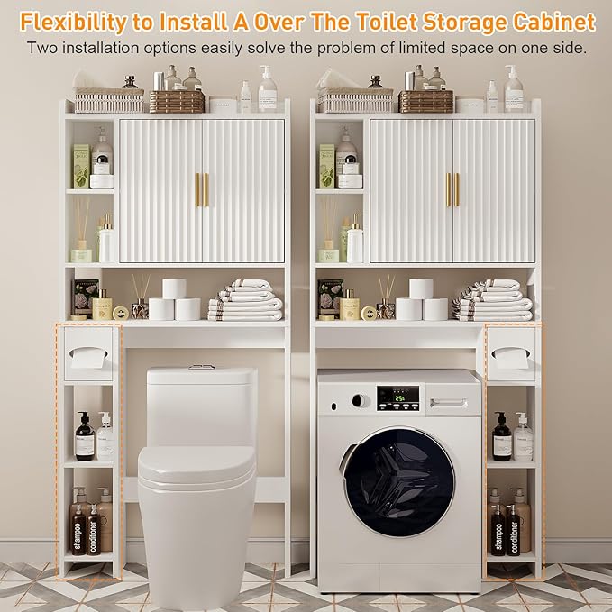 Fluted Over The Toilet Storage Cabinet, Above Toilet Bathroom Organizer with Toilet Paper Holder, Modern Behind Toilet Cabinet, Space Saver for Restroom, Bathroom, Laundry, White