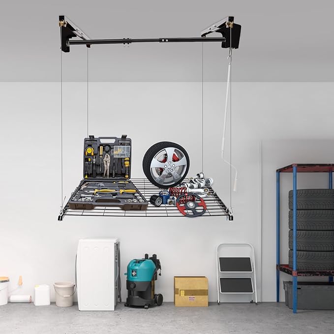 Garage Lifting Storage Rack, 300lbs Adjustable Overhead Garage Storage Rack Heavy-duty 4x4 FT Garages Ceiling Storage Lift Max. Adjustable Height 79in (Satin Black 300Lbs)