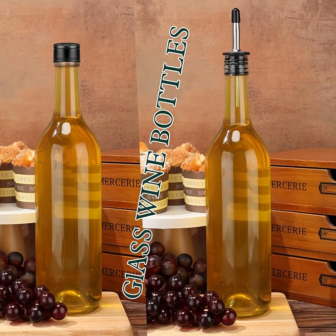 Maxdot 4 Pcs Long Neck Bottle with Pourer 750ml Glass Liquor Bottle juice Pour Bottles Syrup Bottles Glass for Home Wine Liquor Juice Making Wedding Anniversary Party (Stainless)