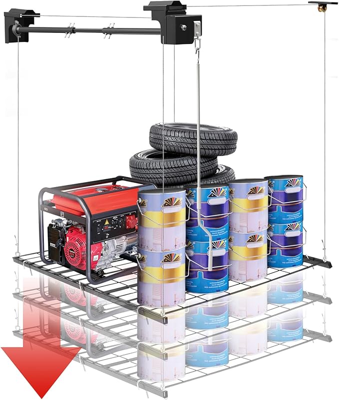 TBVECHI Overhead Garage Lifting Storage Rack, 4x4 Ft Heavy-Duty Metal Garage Ceiling Rack, Storage Organizer System with 96''L Adjustable Height, 250lbs Weight, Matte Black
