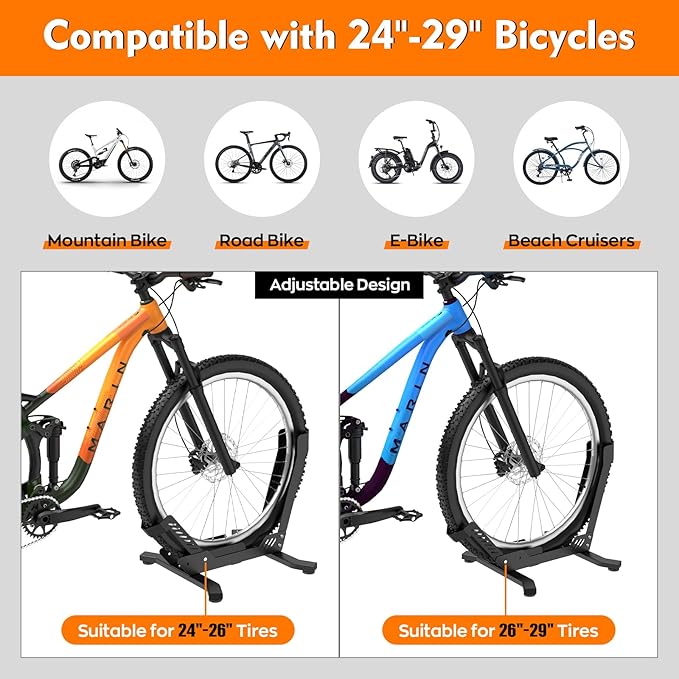 Bike Stand Floor, Portable Bike Storage for Garage - Fit for 24"-29" Bikes, Tire Width up to 3.5", Road & Mountain Bicycle Stand, Front and Rear Wheel Parking Rack - Black