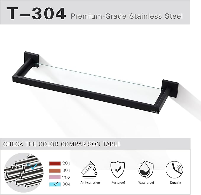 Bathroom Shelf, Glass Shelf for Bathroom, 22.32 Inch Large, 8mm Extra Thick Tempered Glass Shelves Wall Mounted, Square Modern Rectangular, Matte Black,No Assembly, 071090-MB