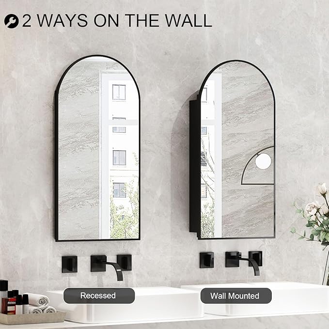 Recessed Medicine Cabinet for Bathroom,Black Arched Medicine Cabinet with Mirror,Arch Mirrored Medicine Cabinets Recessed,Bathroom Mirror with Storage,Open from Left to Right 16x31