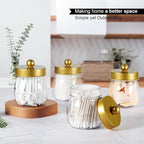 Farmhouse Decor Apothecary Jar Set, Mason Jar Bathroom Vanity Storage Organizer Canister-Qtip Holder Plastic Acrylic Jar for Cotton Swabs, Cotton Pad, Floss Pick, Paper Clips, Hair Clip (2 Pack, Gold)