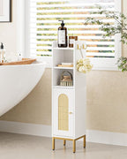 Bathroom Storage Cabinet, Small Corner Floor Hutch with Door and Shelves, Narrow Toilet Paper Cabinet, Bathroom Organizer with Adjustable Shelf, for Small Spaces (Classic-Rattan, White)