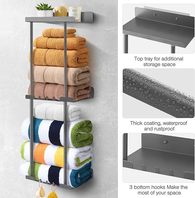 Hommtina Wall-Mounted Towel Rack & Holder - Rust-Resistant Bathroom Organizer with No Drill Installation, Space-Saving Design for Kitchen, Laundry Room (Grey)
