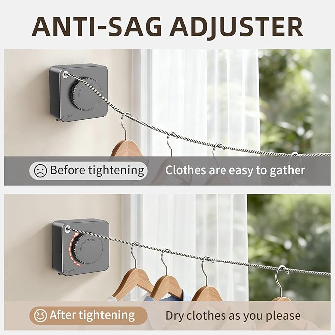 Anti-Sag Retractable Clothesline 40LB Capacity - 201in Stainless Steel Laundry Line for Indoor Outdoor, Wall Mounted Space Saving Easy Install (Gray)