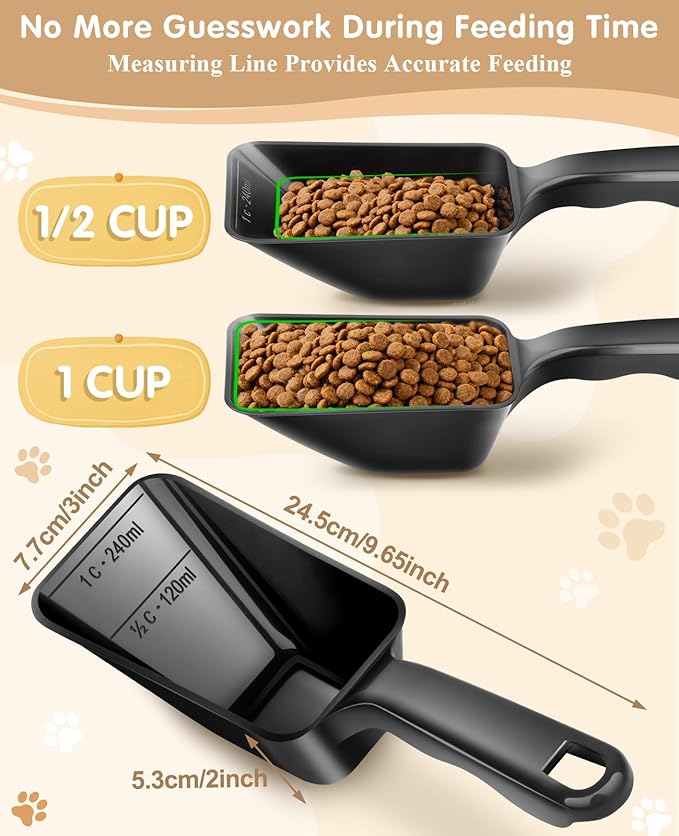2-Pack Dog Food Scoop 1 Cup, Plastic Pet Food Measuring Scoop With Measuring Lines (1/2 & 1 Cup Markings) for Dogs, Cats, Fish, Bird（Black and Pink)
