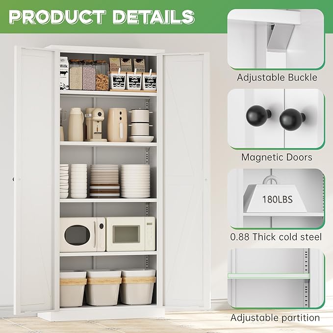 INTERGREAT Metal Storage Cabinet with Magnetic Doors, 63" H Traditional European Style Metal Cabinets with 2 Doors and 4 Adjustable Shelves for Home Office, Kitchen, Bathroom (White)