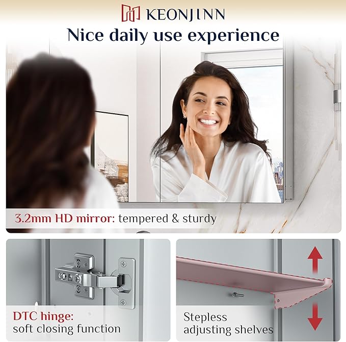 Keonjinn 36 x 24 Inch Bathroom Mirrored Medicine Cabinet, Lightweight Aluminum Structure, Freely Adjustable Shelves, Combined Assembly Needed, Surface Mount or Recessed Mirror with Storage
