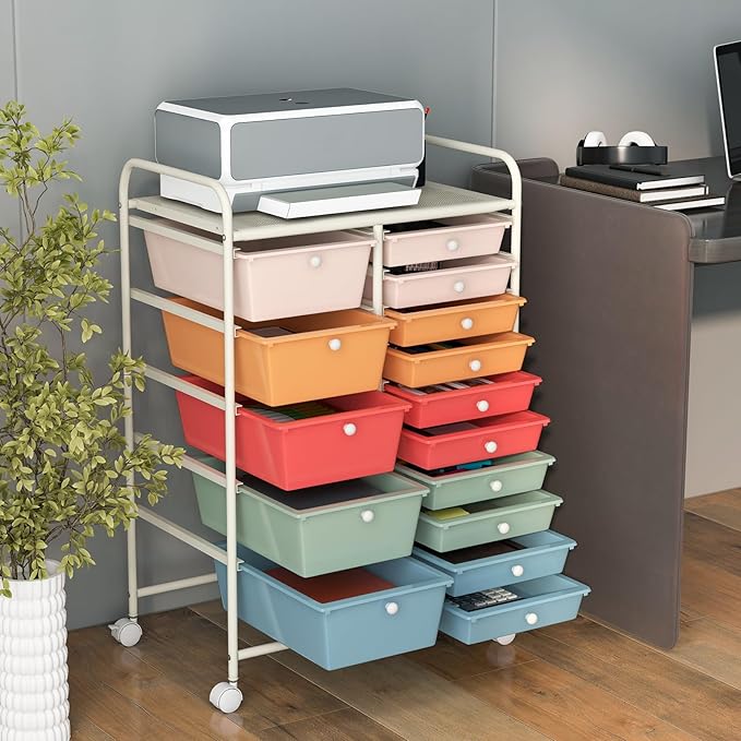RELAX4LIFE 15-Drawer Storage Drawer Carts - Mobile Rolling Utility Cart w/Wheels, Craft Organizer for Classroom Organization and Storage, School, Office, Home, Storage Organizer Cart (Macaron)